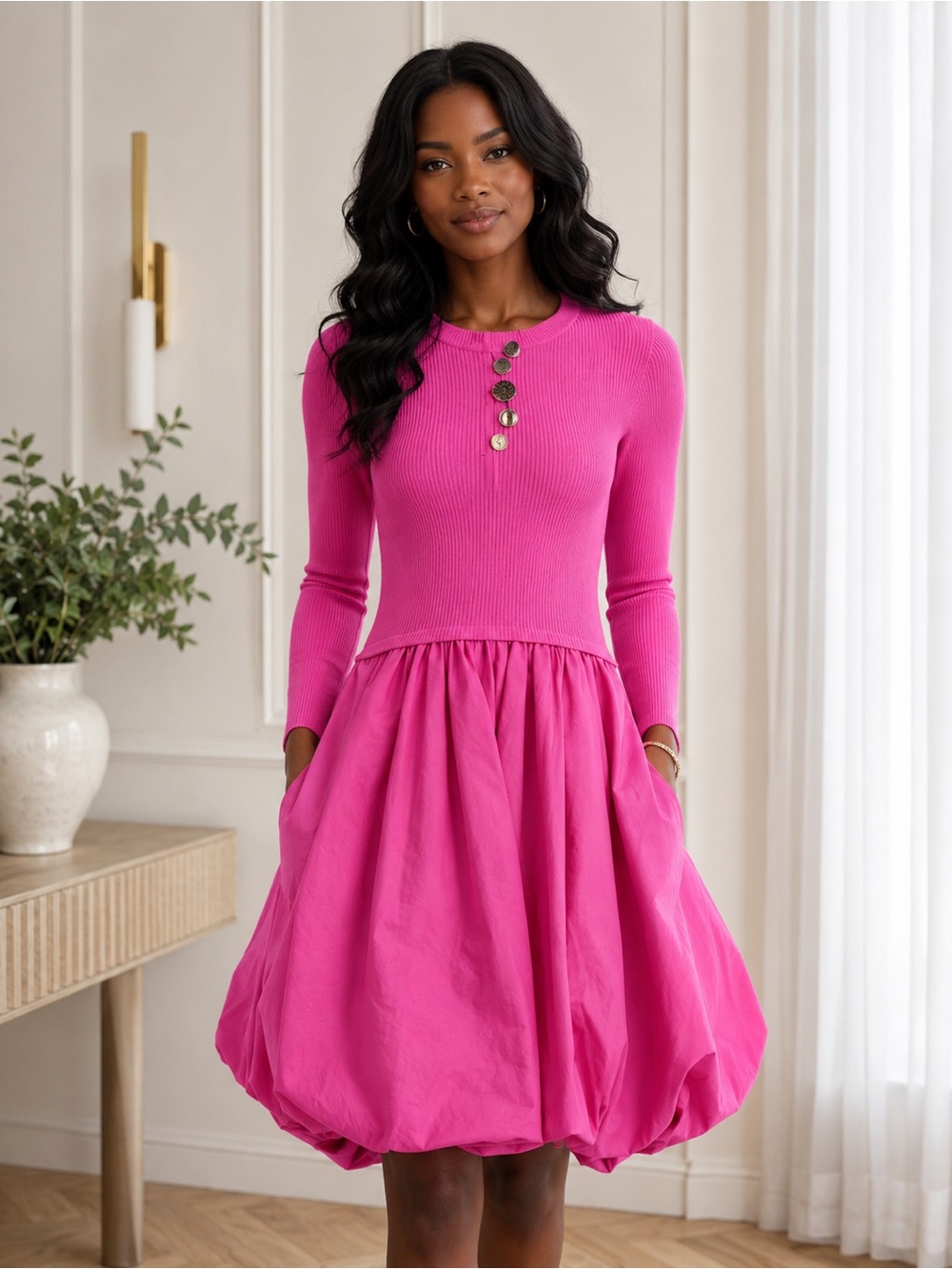 NEW Aleeza Paris Celeste Knit Bubble Dress – Hot Pink - Size Extra Small